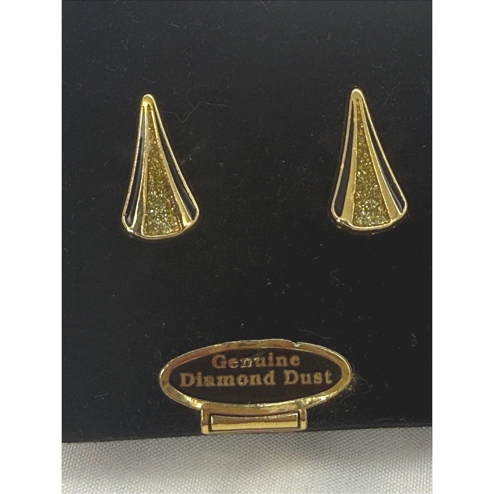 Vintage Genuine Diamond Dust Gold Tone Black Enamel Triangle Clip On Earrings